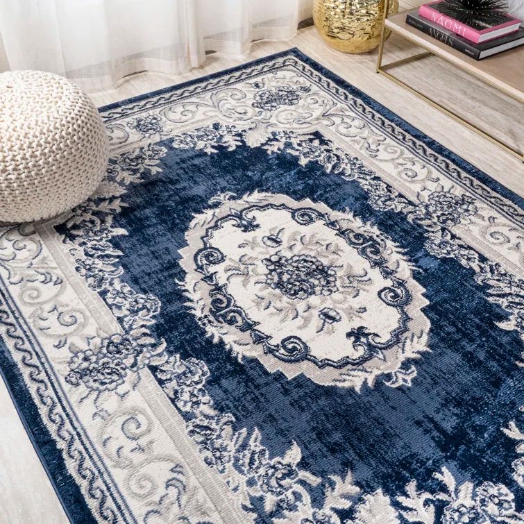 Ivory and Navy Rectangular Medallion Area Rug