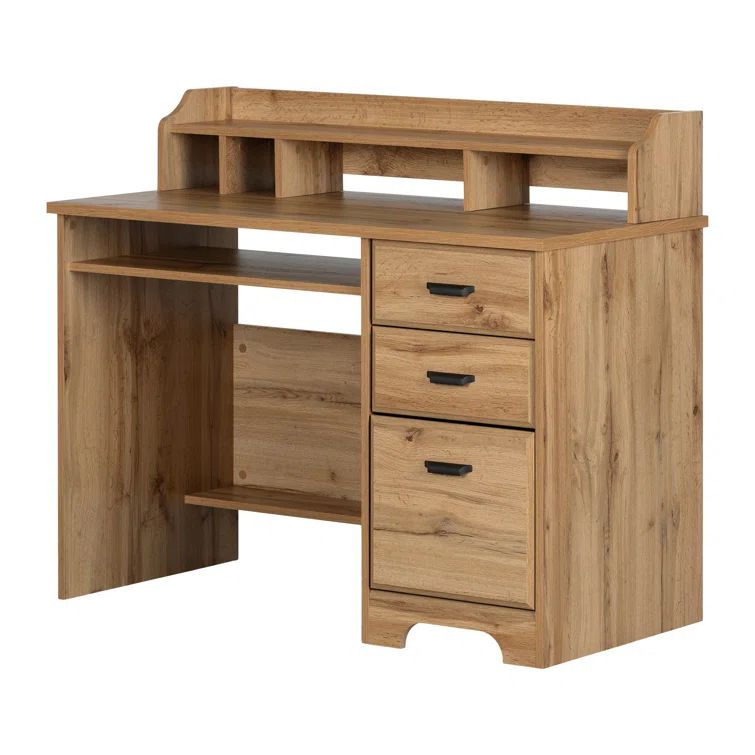 Nordik Oak Wood Computer Desk with Hutch and Drawers
