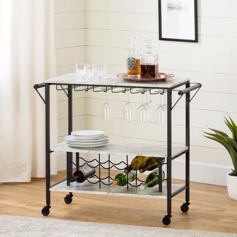 Black Faux Marble Rectangular Bar Cart with Wine Rack