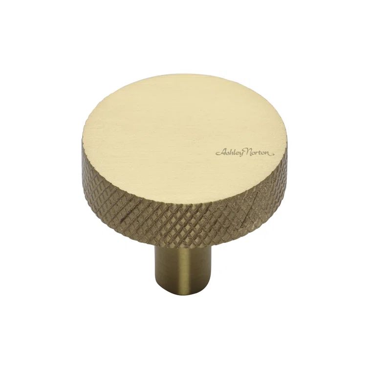 Brushed Satin Brass Round Knurled Disc Knob with Mounting Hardware