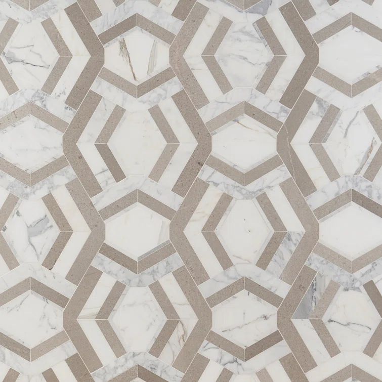 Cream and Gray Polished Marble Geometric Mosaic Tile
