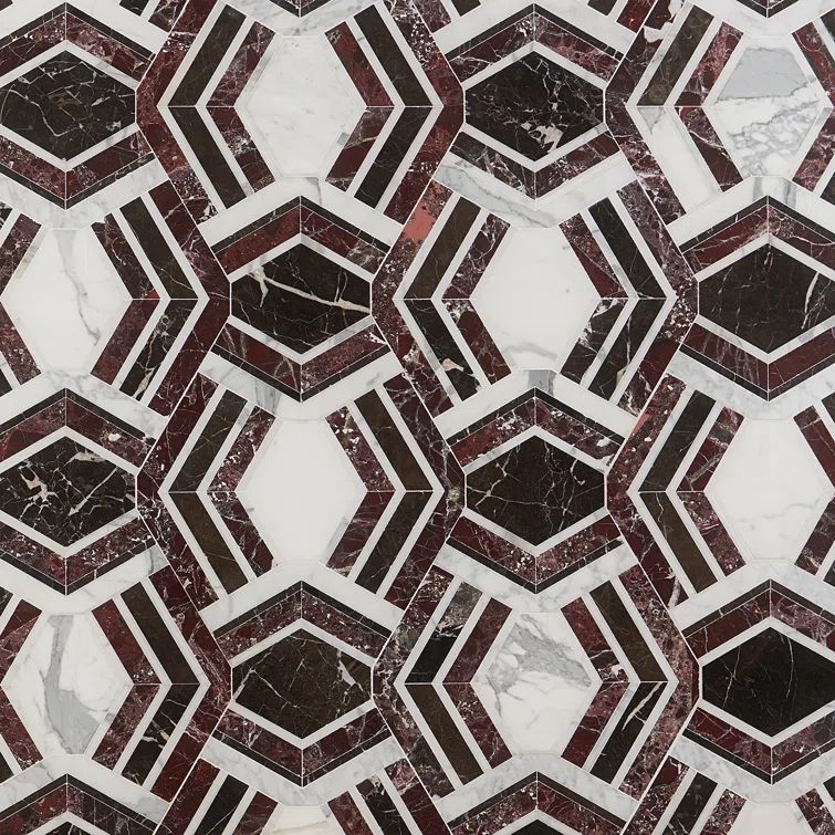 Bordeaux and Maroon Geometric Marble Mosaic Tile 11x18
