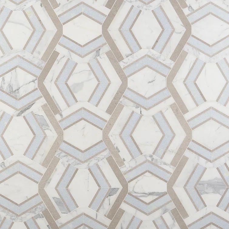 Cream and Blue Geometric Polished Marble Mosaic Tile 11x18