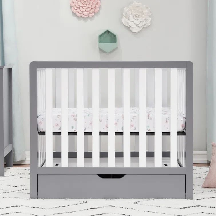 Gray and White Pine Wood Convertible Mini Crib with Storage