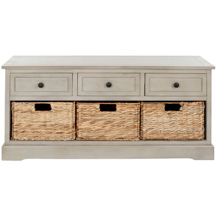 Transitional Gray 42" Solid Wood Storage Bench with Wicker Baskets
