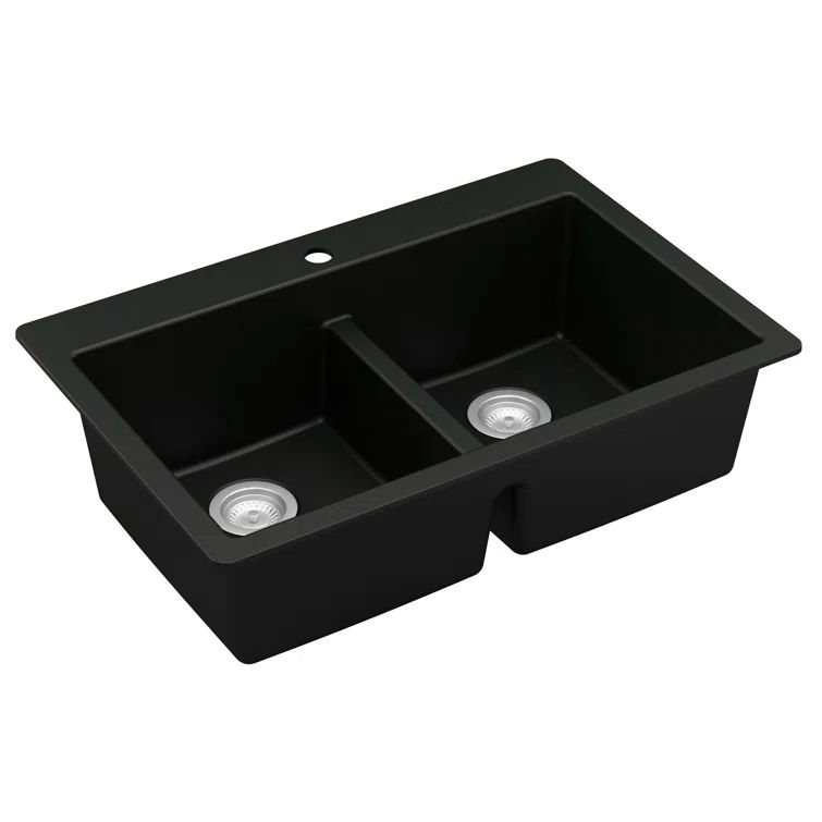Black Quartz Double Bowl Top Mount Kitchen Sink