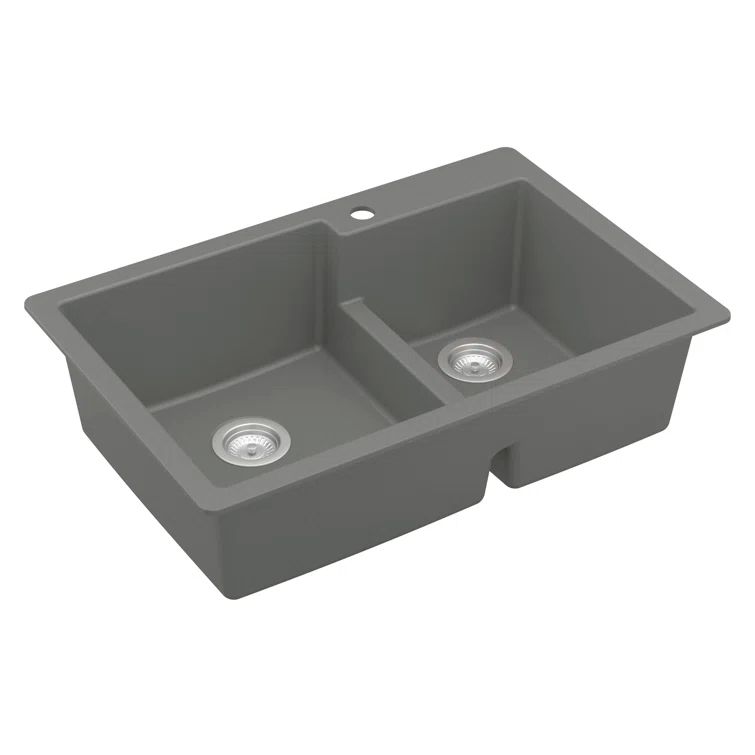 Gray Quartz 33'' Double Bowl Drop-In Kitchen Sink