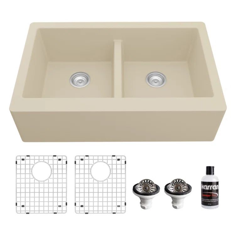 Bisque Quartz 34'' Double Bowl Farmhouse Kitchen Sink Kit