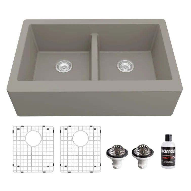 Concrete Quartz 34'' Double Bowl Farmhouse Kitchen Sink Kit