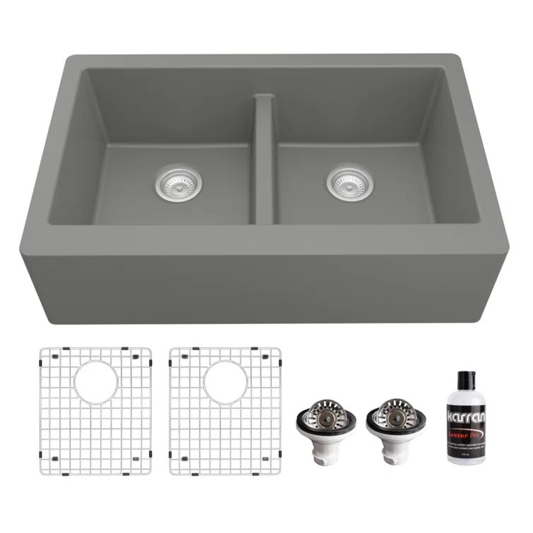 Gray Quartz 34'' Double Bowl Farmhouse Kitchen Sink Kit