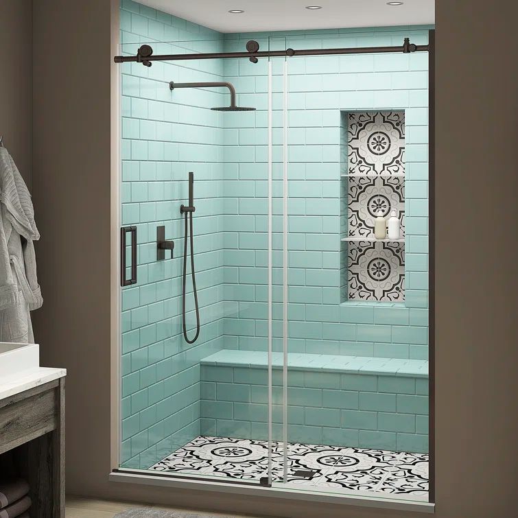 Coraline XL Bronze Frameless Sliding Shower Door with Clear Glass