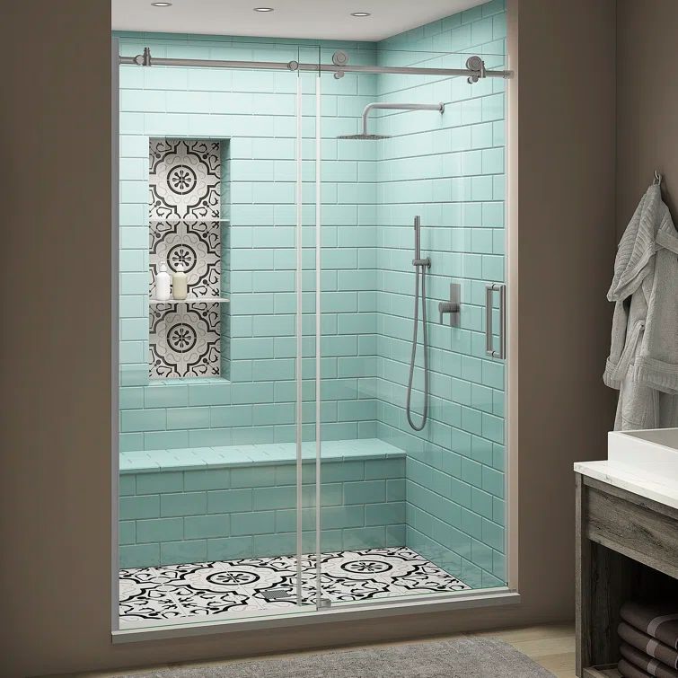 Coraline XL Frameless Sliding Shower Door with Clear Glass and Stainless Steel Finish