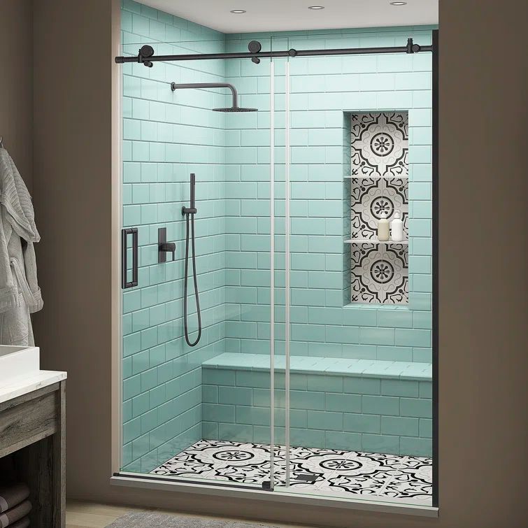 Coraline XL Matte Black Frameless Sliding Shower Door with Clear Glass