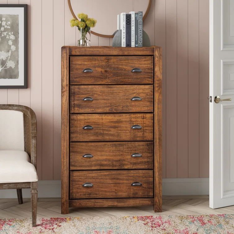 Rustic Walnut Solid Wood 5-Drawer Chest with Deep Drawers
