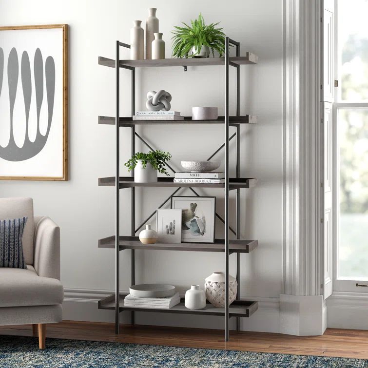 Urban Gray Wash 68" Industrial Metal 5-Shelf Bookcase