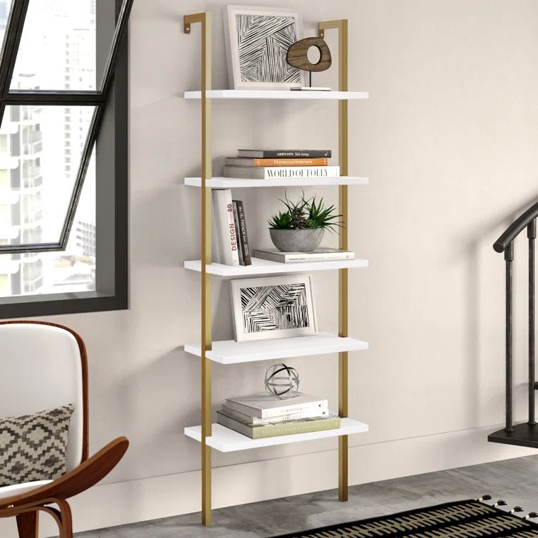 White and Gold 5-Tier Ladder Shelf Bookcase