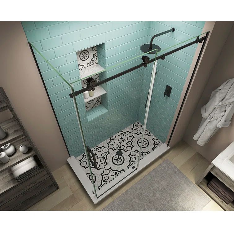 Coraline XL Matte Black Frameless Sliding Shower Enclosure with Clear Glass