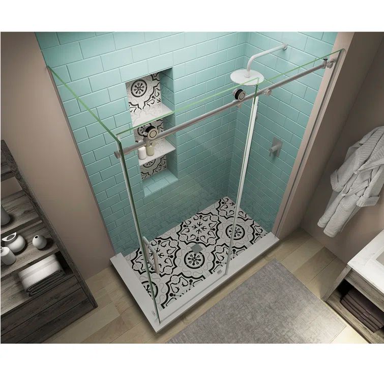 Coraline XL Frameless Sliding Shower Enclosure with Clear Glass and Stainless Steel Frame
