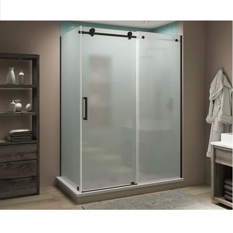 Coraline XL Matte Black Frameless Sliding Shower Enclosure with Frosted Glass