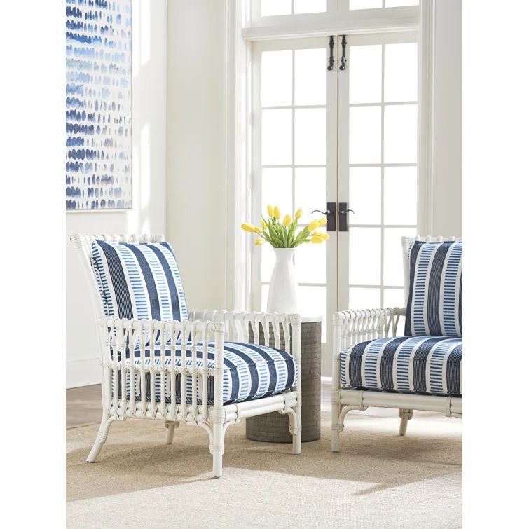 Blue and White Striped Leather Stationary Chair