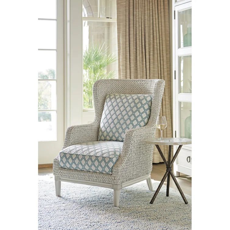 Coastal Breeze Blue and White Leather-Wood Armchair