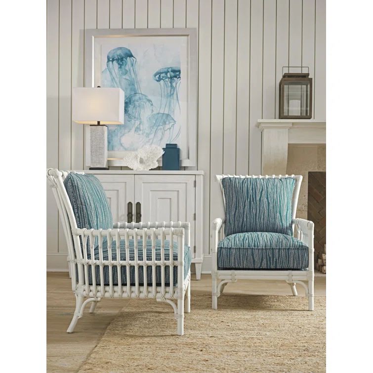 Teal Wicker and Solid Wood Armchair with Down Cushions