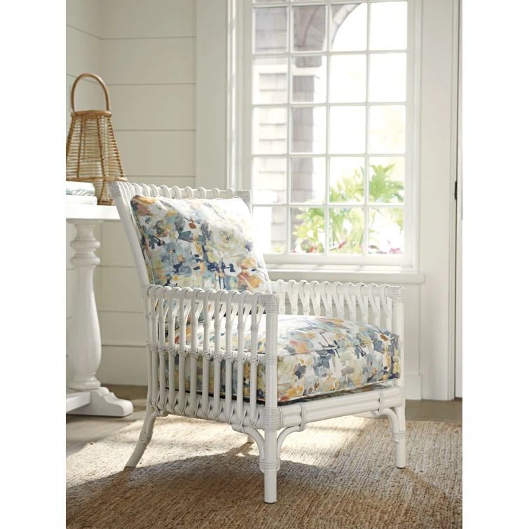 White Patterned Leather and Wood Coastal Armchair