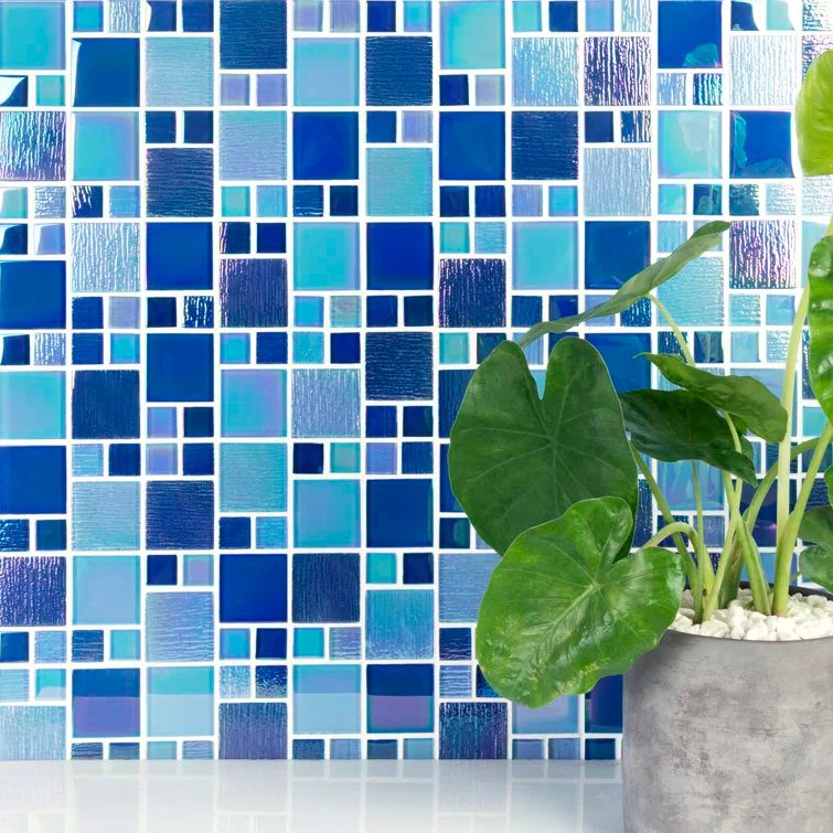 Lake Blue Iridescent Glass Mosaic Wall Tile Sheet