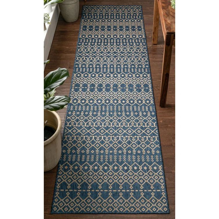 Nordic Blue and Beige Synthetic Flat-Weave Runner Rug