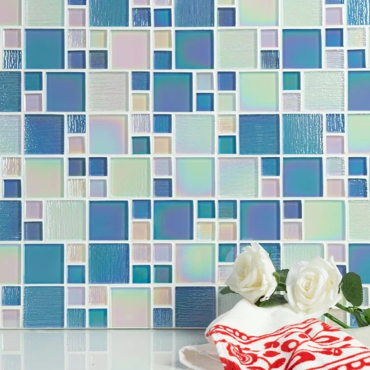Alaskan Blue Iridescent Glass Mosaic Wall Tile, 12-in x 12-in