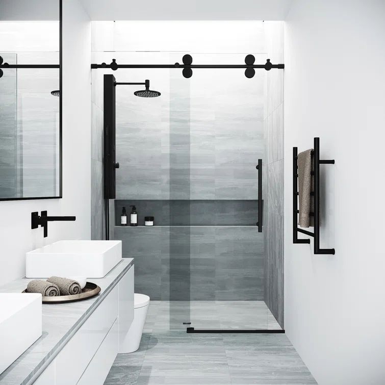 Elan 48" Matte Black Frameless Sliding Shower Door with Clear Glass