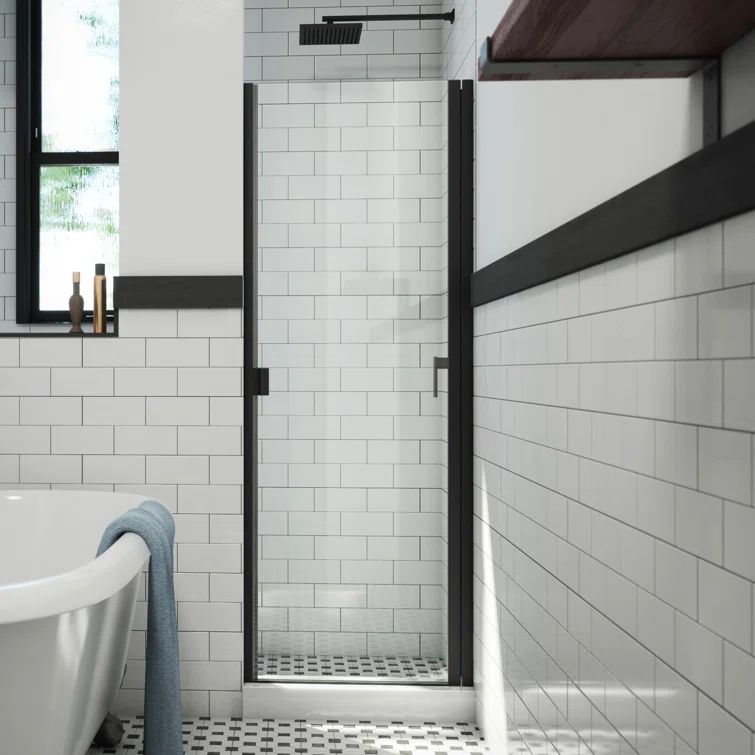 Matte Black Semi-Frameless Hinged Shower Door with Clear Glass
