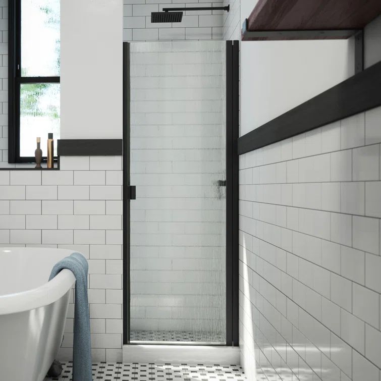 Matte Black 28" x 66" Hinged Semi-Frameless Shower Door with Clear Glass