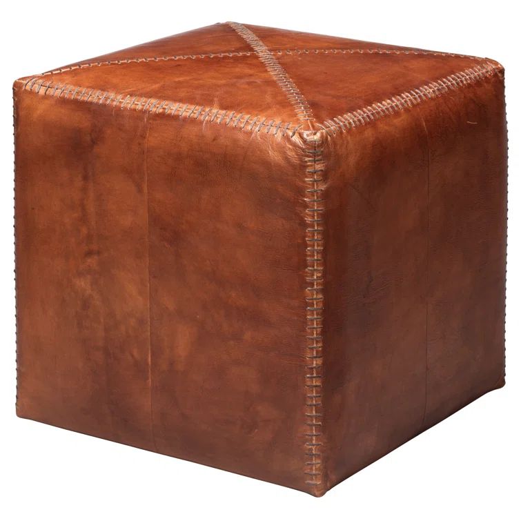Tobacco Leather Artisan Ottoman with Contrasting Stitching 16"