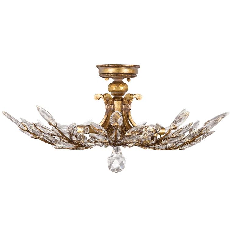 Crystal Laurel Gold Leaf 28" Round Semi Flush Mount with Faceted Leaves