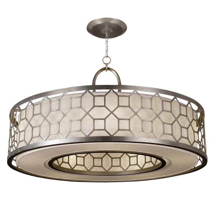 Allegretto 5-Light Drum Pendant in Platinized Silver Leaf with White Linen Shade