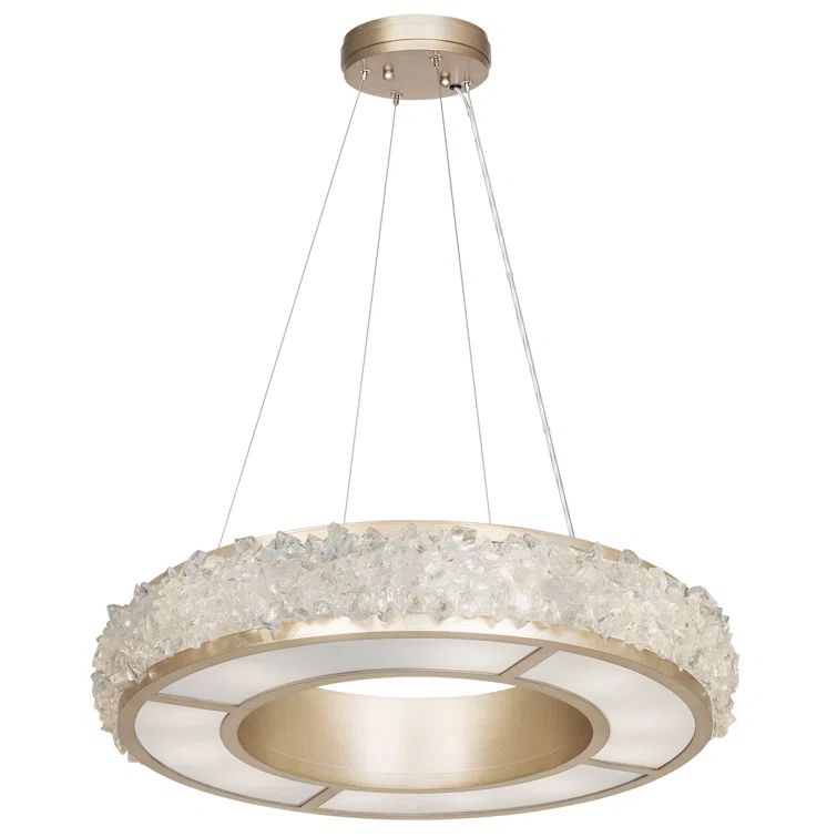 Champagne Gold Leaf 12-Light LED Drum Chandelier with Rough Cut Crystal Gems