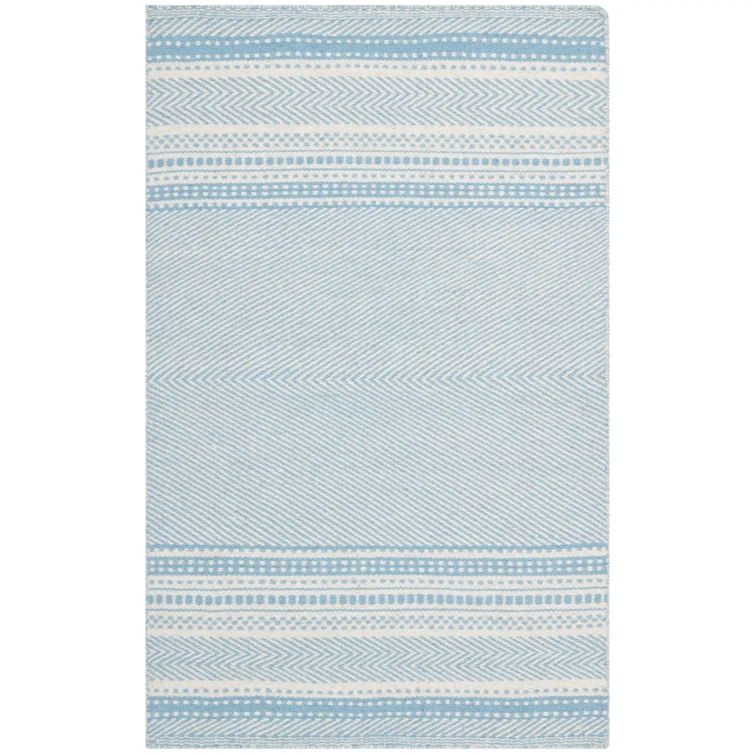 Light Blue and Ivory Striped Wool Flatweave Rug