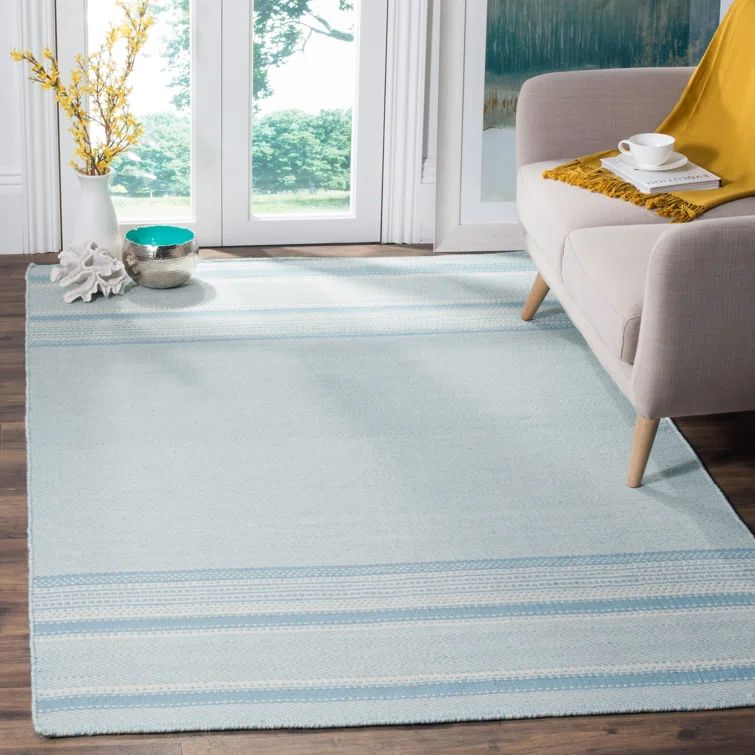 Light Blue and Ivory Handwoven Wool and Cotton 4' x 6' Area Rug