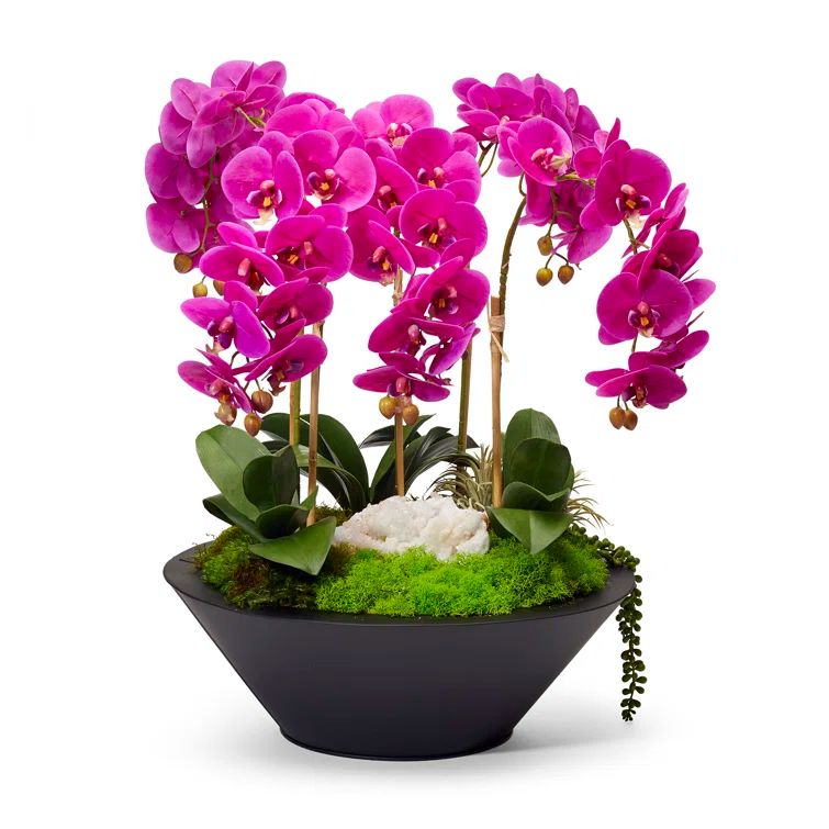 Fuchsia Faux Silk Orchid Centerpiece in Black Metal Planter