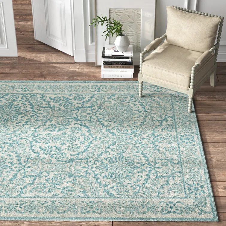 Ivory and Light Blue Rectangular Synthetic Area Rug, 11' x 15'