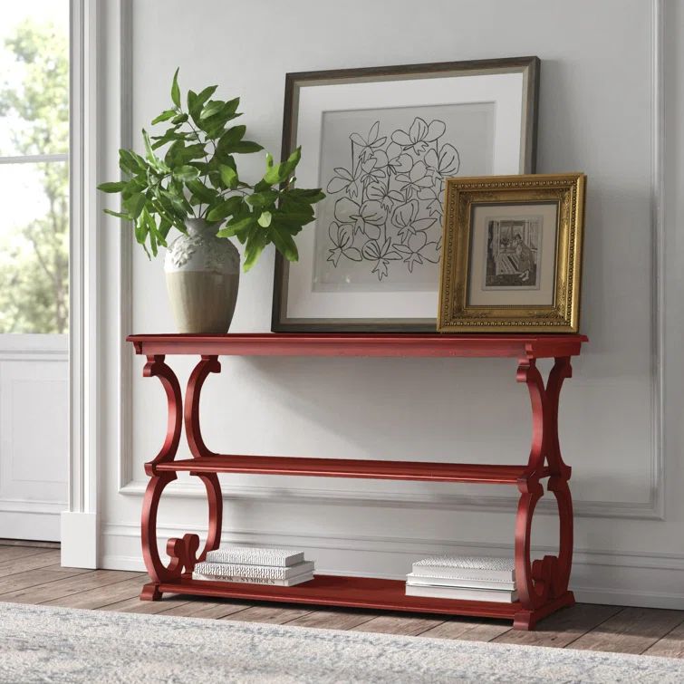 Lorraine Rustic Scroll Work Berry Red Sofa Table with Storage