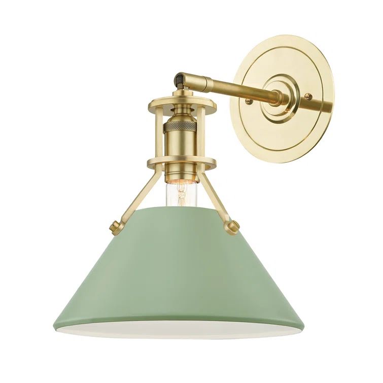 Aged Brass and Leaf Green Cone Shade Dimmable Wall Sconce