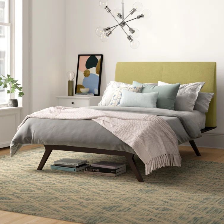 Mid-Century Modern Queen Bed with Tufted Green Upholstery