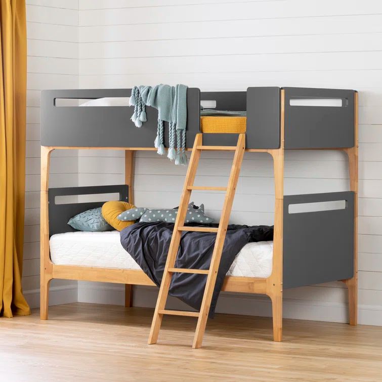 Charcoal Gray and Exotic Wood Twin Bunk Bed Frame