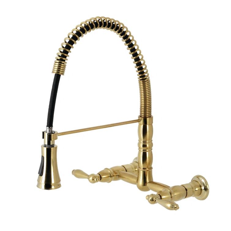 Brushed Brass Double-Handle Wall-Mount Kitchen Faucet with Pull-Down Sprayer