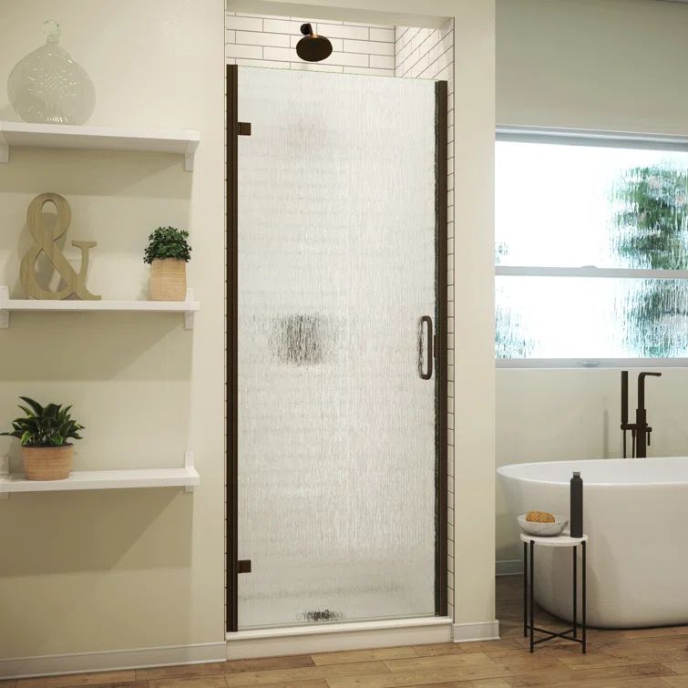 Bronze Oil-Rubbed Hinged Shower Door with Rain Glass Pattern
