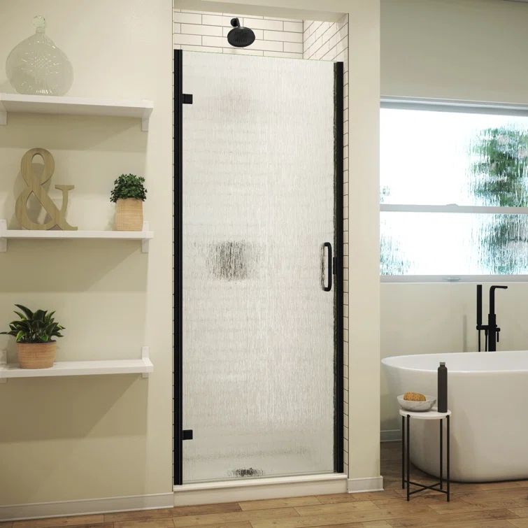 Matte Black 30" x 67" Hinged Semi-Frameless Shower Door with Rain Glass
