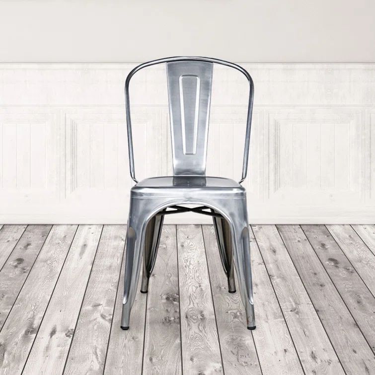 Polished Raw Metal Slat Back Stacking Side Chair Set