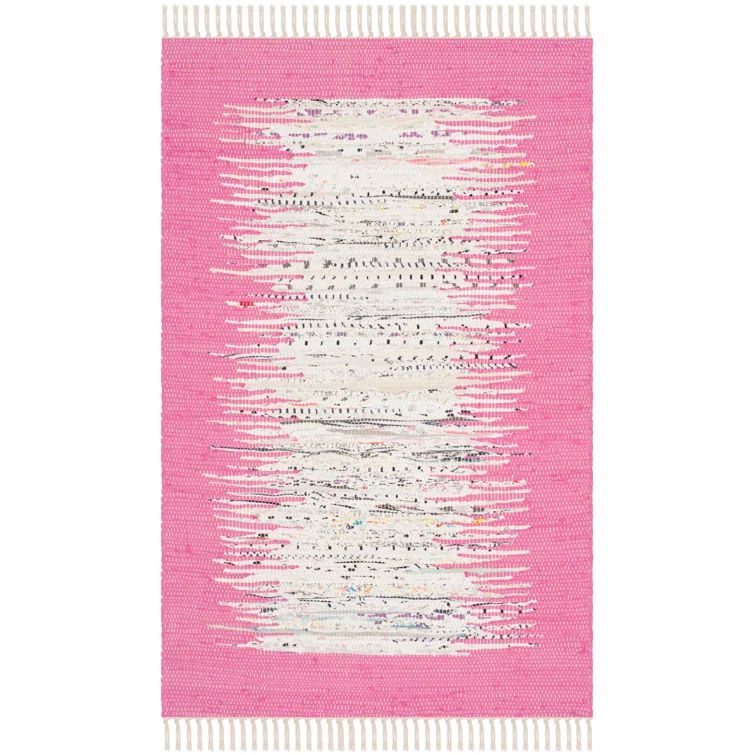 Handwoven Ivory and Pink Cotton Round Rug, 48" x 30"